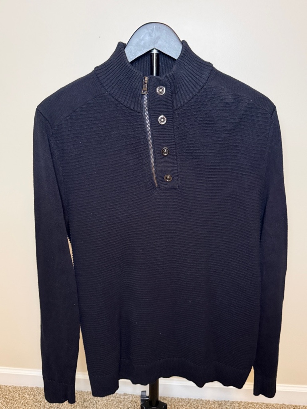 INC International Concepts Men's Dark Navy Zip-Button Mock Neck Sweater